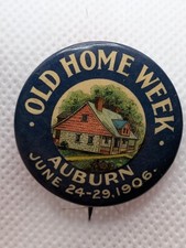 1906 Auburn Old Home Week Pin • Bastian Bros Back • Vintage Celluloid Button picture