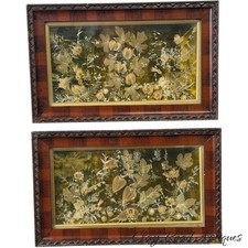 Antique victorian skeleton phantom leaves flowers shadow box frames pair diorama picture