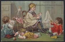 Metropolitan Life Insurance Children Playing Dolls Toys Victorian Trade Card picture