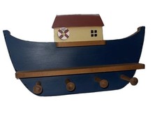 Nice 16” Vintage Wood Noah’s Ark Hanging Wall Coat Rack Hooks picture