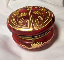Antique Cranberry Bohemian Glass Hand Painted Gold Trinket Box Floral Design picture