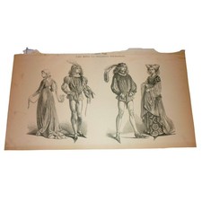 Antique German 15th Century Costume Plate Engraving Renaissance Fashion Art picture