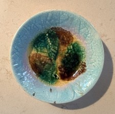 Antique Majolica Small Bowl 5.75” Begonia Leaf in Center Pale Blue Background picture
