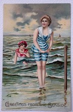c. 1900 embossed postcard Tuck “Greetings From the Seaside” Women at the Beach picture