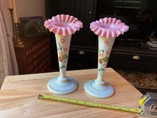 Pair Of Victorian Handpainted Flowers Trumpet Vase. Ruffled Case Glass. 10 In picture
