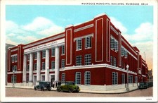 Muskogee Oklahoma Municipal Building Cars Curt Teich Postcard picture