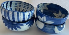 Vintage Set of 4 Blue & White Ceramic/Floral  serving/cereal/berry Bowls Japan picture