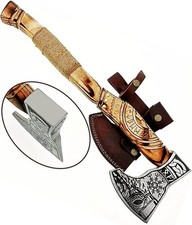 Hand Forged Viking Axe | High Carbon Steel Blade, Orange Leather Wrapped Handle picture