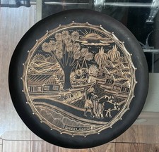 Vintage Etched Asian Art Souvenir Brass Plaque Plate Bangladesh Sun Over Village picture