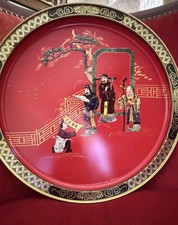 Vintage Sunshine Biscuits Tang Dynasty Three Attainments Red Lacquer Tray 13.5” picture
