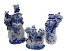 Dave Eldreth Pottery SNOWMEN Welcome Snow Bird Figurine 3PC Lot Blue Salt Glaze picture