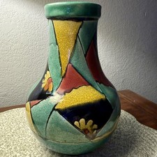 Awaji Studio Pottery Vintage Art Deco Geometric Vase In Red, Yellow and Green picture