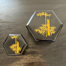 Vintage Japanese Black Lacquer Hexagon Nesting Boxes Bamboo Gold Made in Japan picture