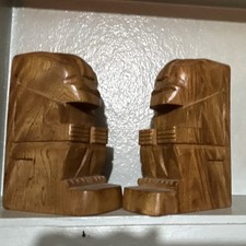 Vintage Mid Century Modern Hand Carved Wooden Tiki Bookends Seated Figure Pair picture