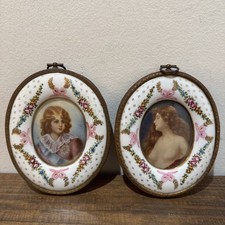 Antique Porcelain Portrait Miniatures Pair Hand Painted Japan Gilt Floral Frames picture