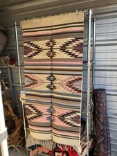 Vintage Hand Woven Wool Southwest Zapotec Rug Diamond Eye Dazzler 55” X 27” picture