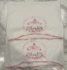 VTG 1950s Hand Embroidered Pink Princess Floral Pillowcases w/ Crochet Pink Edge picture