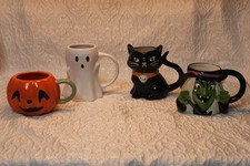 Hyde and Eek Set of 4 Stoneware Mugs Halloween Witch, Ghost, Cat, and Pumpkin. picture