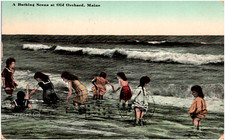 Bathing Scene Old Orchard Maine ME Girls in Ocean 1900s Antique Postcard picture