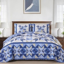 Quilted Bedspread Set 3 Piece Vintage Farmhouse Patchwork Floral Blue Coverlet picture
