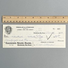 Vtg 1933 Hosmer SD Bank Check Preszler Stoecker Lumber Dust Bowl Depression 30s picture