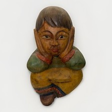 Vintage Hand Carved Painted Wood Seated Child Statue Thai Style Folk Art 9.5 in picture