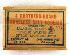 Vtg Wood Box Boneless Salt Codfish Salasnek Fisheries Michican 4 Brothers Brand picture