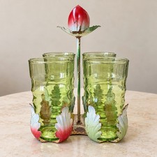 Vintage Green Glass & Metal Floral Caddy 🌷 picture