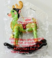 VTG RUSS Wooden Rocking Reindeer w/ Bell 1970s Green Gold Holiday Ornament  NOS picture