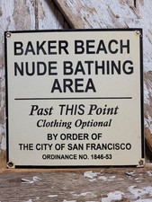 VINTAGE NUDE SWIMING PORCELAIN SIGN RARE OLD BAKER BEACH SAN FRANCISCO BROTHEL picture