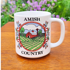 Vintage 80s Amish Country Coffee Mug Barn Windmill Souvenir Ceramic Cup Retro picture