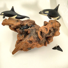 Vintage Orca Family Sculpture on Burlwood Base by John Perry, 1976 picture