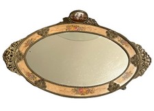 Antique French Vanity Mirror Enamel Scene Filigree Baroque Rococo 18.5” x 9.5” picture