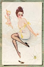 Vintage Adolfo Busi GLAMOR Postcard TOPLESS LADY SPIDERWEB Surprised Angel Humor picture