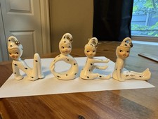 Vintage Holt Howard NOEL Ceramic Christmas Holly Pixie Elves Candle Holders picture