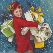 Vtg Clapsaddle Christmas Boy Delivers Packages Red Cap Snow A/S PC Emb c1909 EUC picture