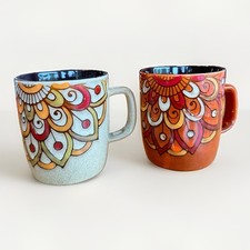 Vintage 1970s Mr Coffee Ceramic Mugs Set of 2 Retro Mandala Bohemian Speckled picture