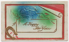 Antique Happy New Year Postcard Embossed Airbrushed Blue Rose Horseshoe 1910 SD picture