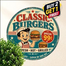 Retro Hamburger Design Round Metal Tin Sign Diner Cafe Kitchen Wall Plaque picture