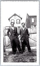 Vtg B&W Snapshot Two Young Men Dapper Three Piece Suits Yard Fence Houses 1930s picture