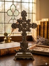 LARGE Religious Vintage Intricate Cast Iron Metal Standing Crucifix Cross 14