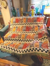Laurel Burch Cat Throw Blanket Tapestry Feline Family Fringe Lap Vintage 50x60 picture