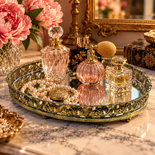 Vintage Oval Mirrored Vanity Tray Ornate Floral Filigree Gold Tone 12