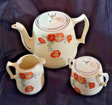 Hall’s Kitchenware Red Poppy Teapot Creamer Sugar Set Ivory Floral Vintage USA picture