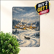 Winter Wonderland Village Scene Metal Sign Glowing Cabin Decor Plaque 8x12 picture