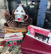 2025 TARGET BULLSEYE 3 CHRISTMAS VILLAGES HOUSES Cafe Dinner & Target Store EUC picture