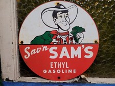 VINTAGE SAV'N SAM'S PORCELAIN SIGN OIL ETHYL GASOLINE STATION GAS PUMP PLATE 12