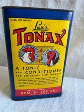 VINTAGE LEE'S TONAX TONIC & CONDITIONER 2 LB AD TIN CAN FARMING POULTRY OMAHA NE picture