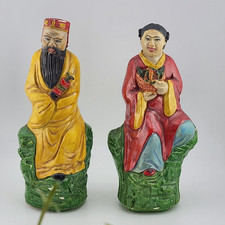 Vintage Chinese Mudman Style Figurine Pair Zhang Guolao Immortal Woman 7in picture