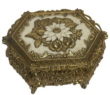 Vtg Ornate Trinket Box Victorian Gold Toned Jewelry Hollywood Regency Japan 4